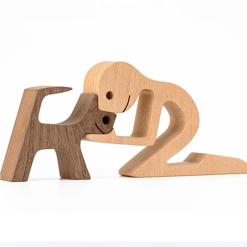 DIY Figurine Wood Dog Ornament Sculpture Home Decoration A Man A Dog Wood Sculpture Christmas Gifts Model Decor