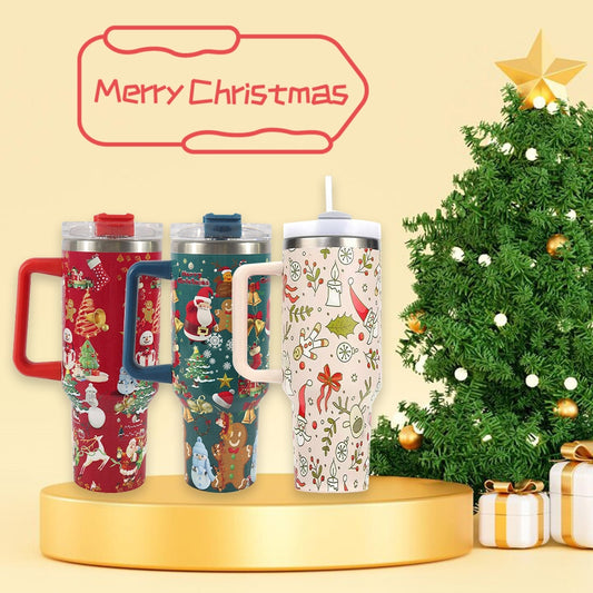 Christmas Pattern Mug With Handle Lid Straw