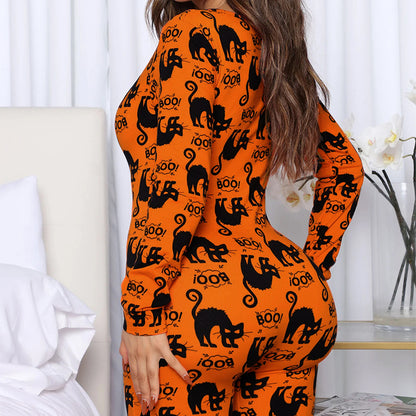 Halloween Printed Jumpsuit Long Sleeve Home Pajamas Casual Trousers Women's Cos Clothing