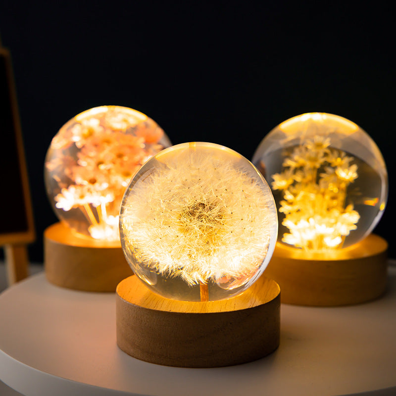 Luminous 3D Dandelion Sphere Crystal Ball, Preserved Flower