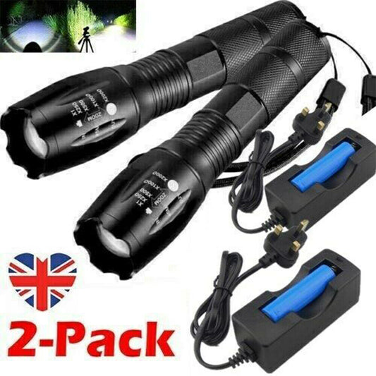 2Set High Power Torch Adjustable Focus LED Flashlight 5 Modes Lamp Batt Char